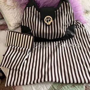 Henri Bendel Black and White Striped Tote with Accessories